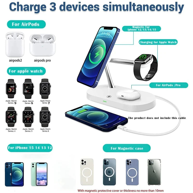 Magnetic 3-in-1 Charger for iPhone, Watch & AirPods